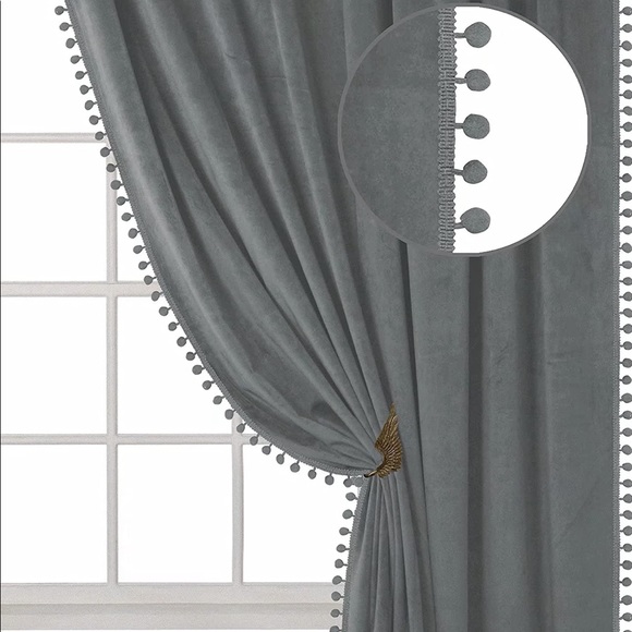 Zhaofeng 42”x95” Pom Pom Velvet Curtains in gray - Picture 2 of 16